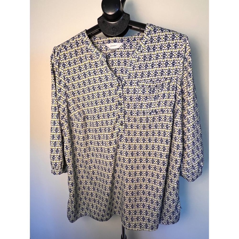 C.J. Banks Women's Print Blouse Top Button Long Sleeve Blue Yellow Abstract Boho